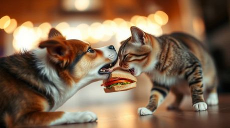 Witness an amusing scene of a dog and a cat comically battling over a colossal sandwich. The image is beautifully captured wi