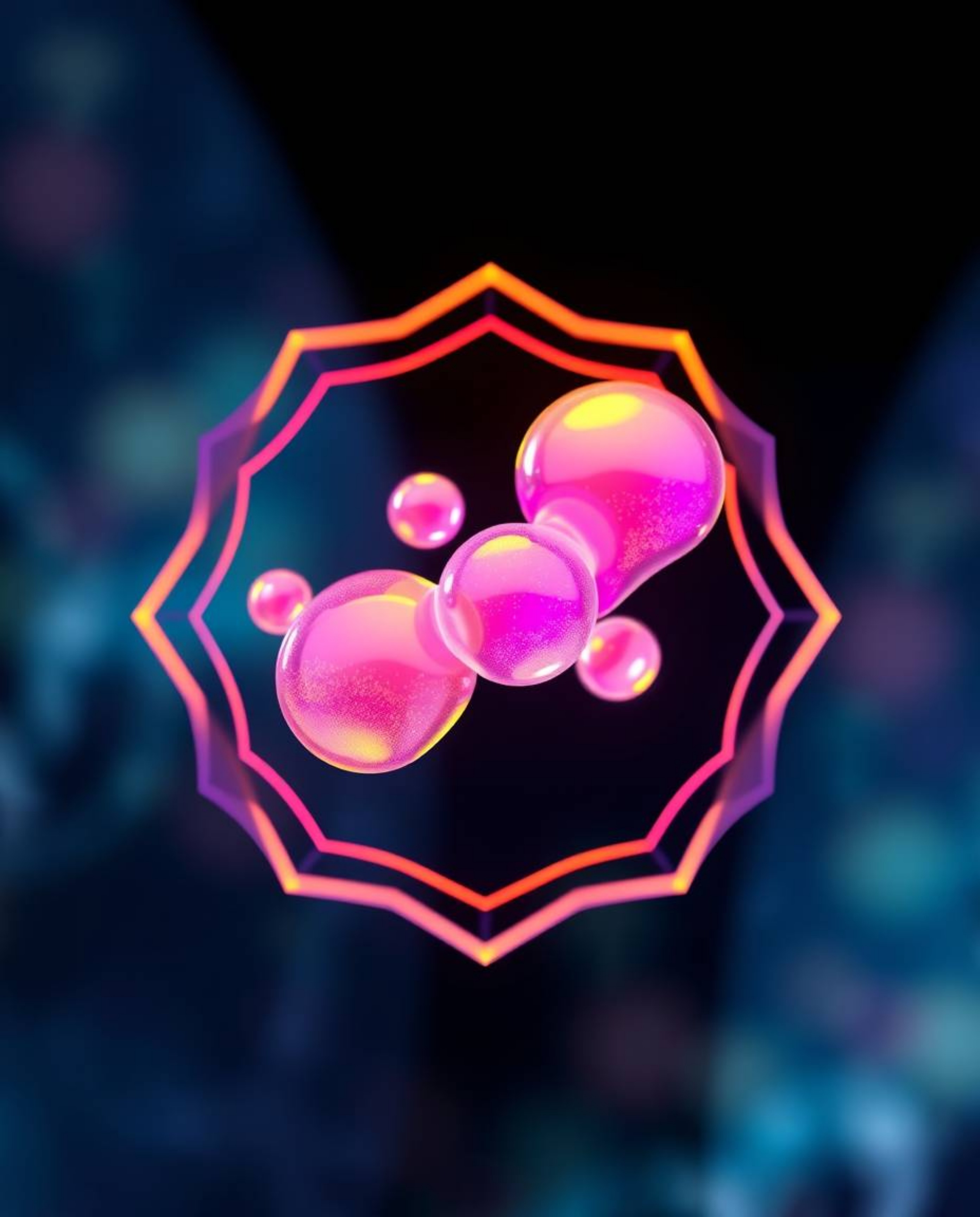 A captivating bioluminescent logo inspired by blurred bokeh, showcasing floating 3D blobs of fluid jelly in vibrant colors an