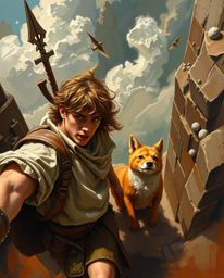 An oil painting depicts a hero and their talking animal sidekick on a journey, captured from a high-angle perspective. The ar