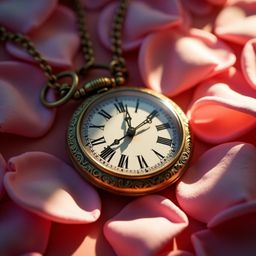 A serene scene unfolds with a beautifully crafted, intricately engraved vintage pocket watch resting on a bed of soft pink ro
