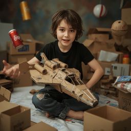 Exquisite high-fashion photography captures a young boy with messy brown hair building a functional cardboard spaceship.  The