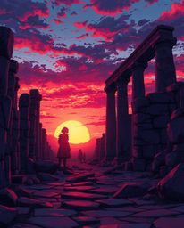 Step into another world with this Isekai anime-style illustration of ancient stone ruins at sunset. The scene is rendered in 