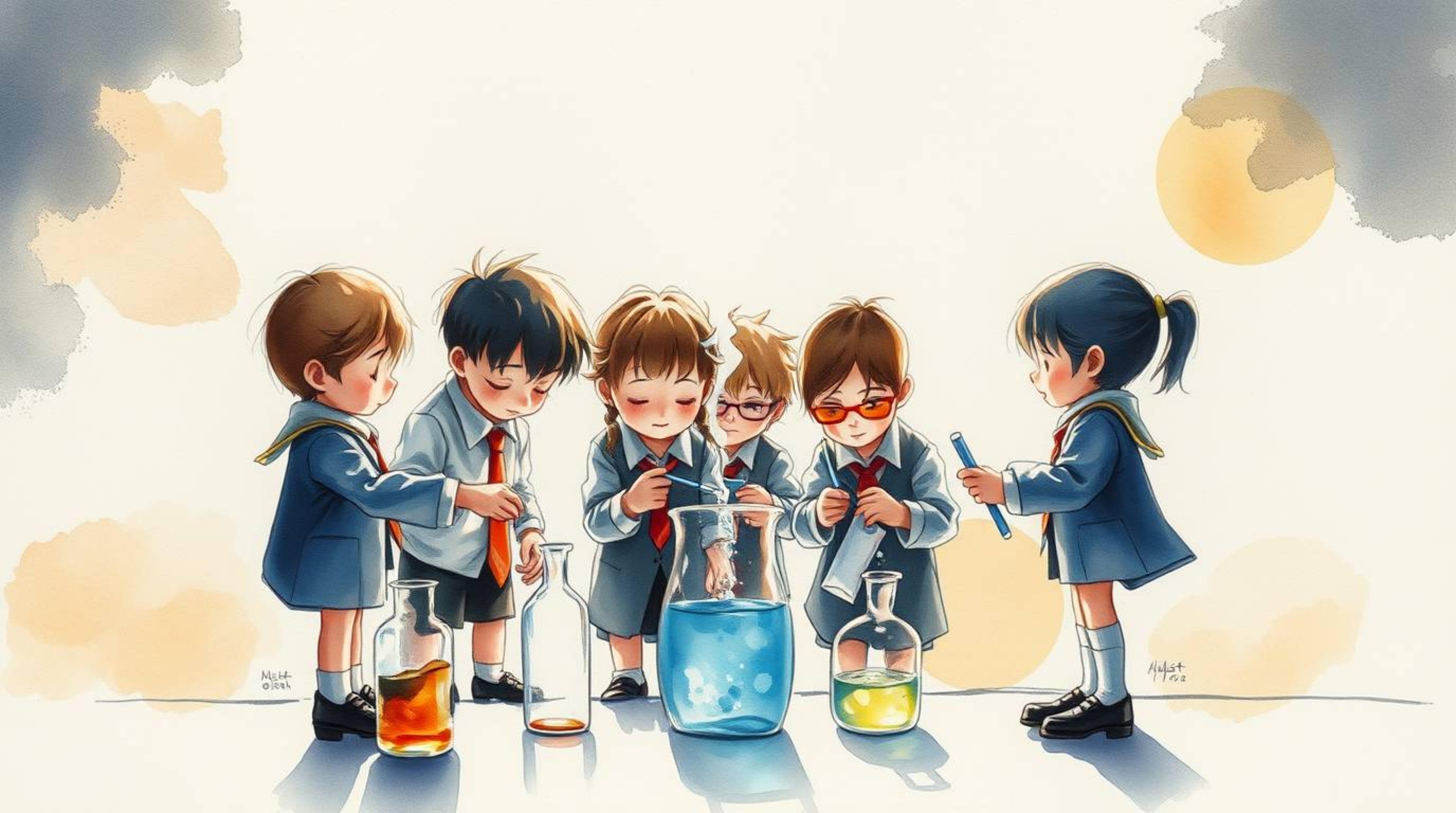 A captivating watercolor painting depicts a group of quirky children in school uniforms conducting experiments.  The artwork 