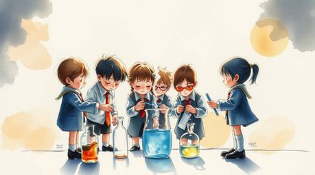 A captivating watercolor painting depicts a group of quirky children in school uniforms conducting experiments.  The artwork 