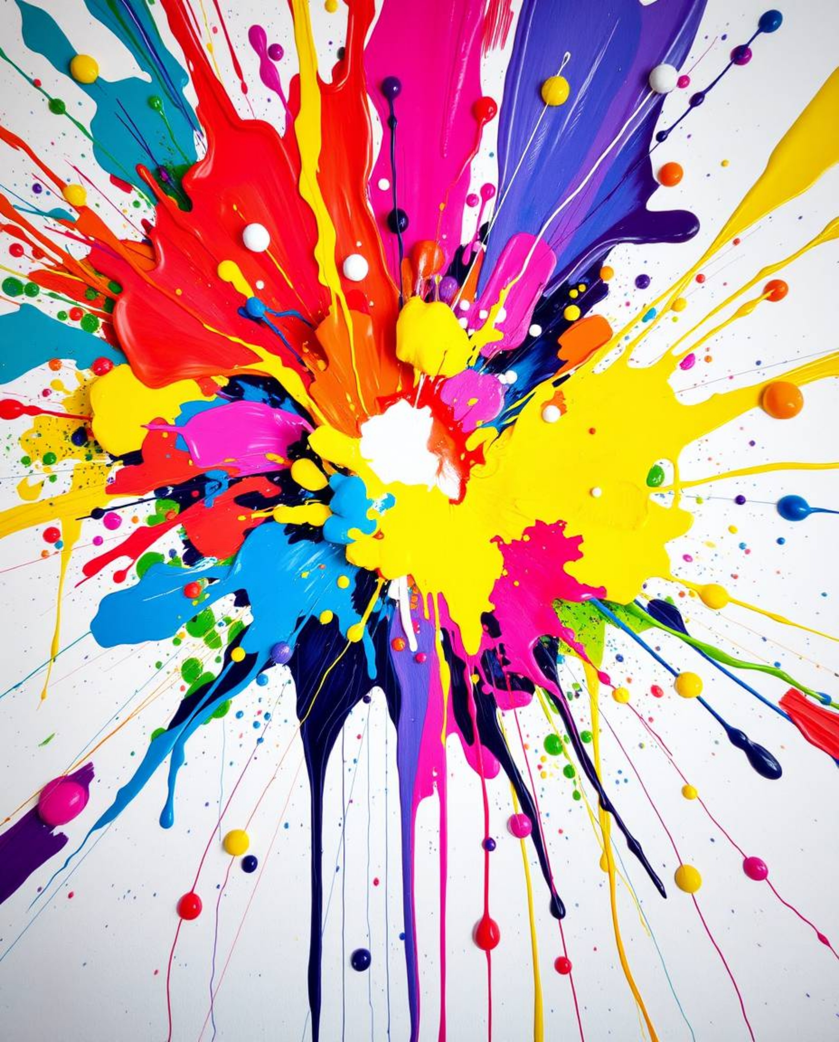 Experience a stunning abstract art piece showcasing a vibrant paint explosion on a pristine white canvas. This high-detail ar