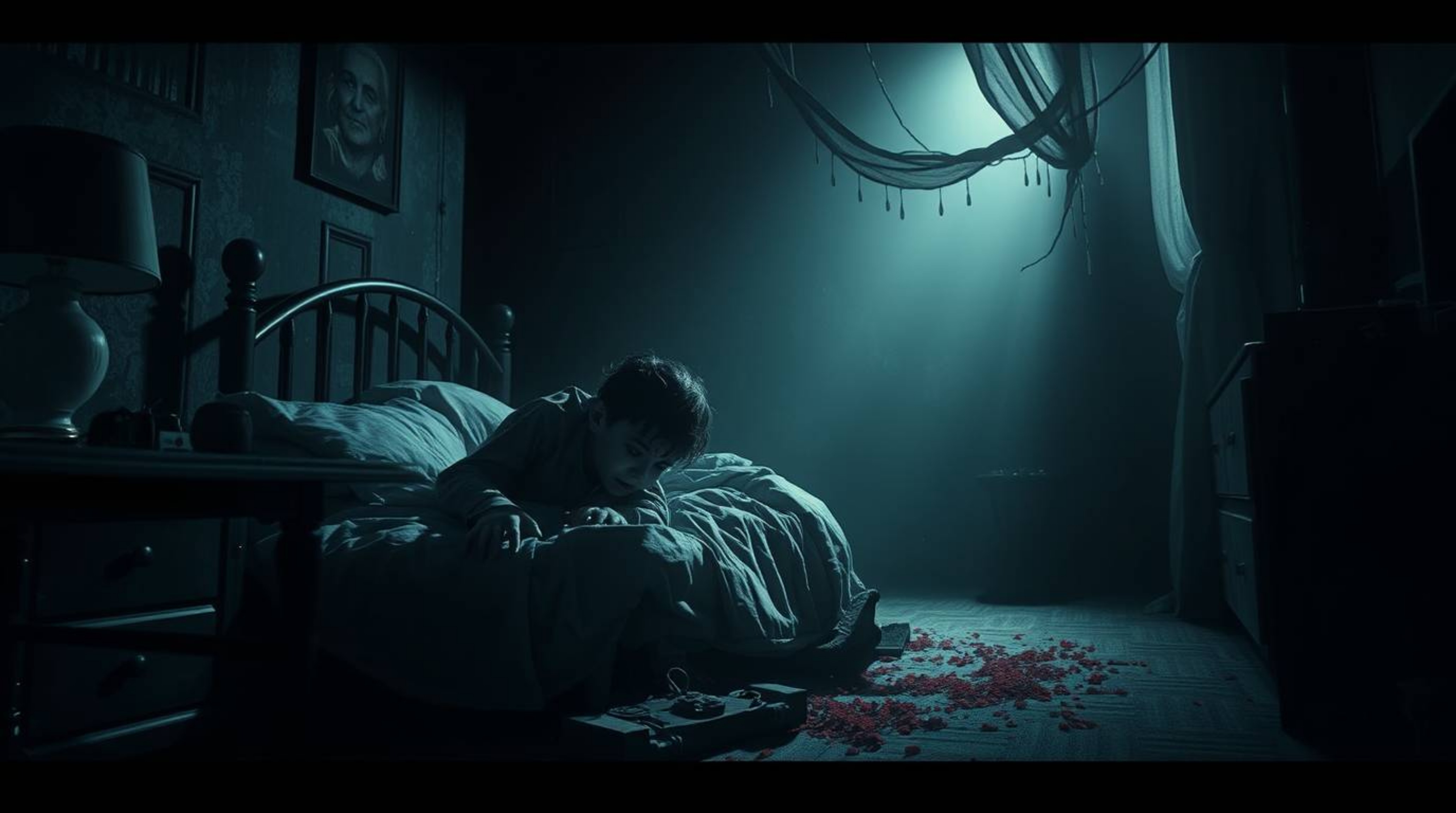Discover a captivating scene of unsettling friendship: a monster lurking under a bed forms an unexpected bond with a child.  