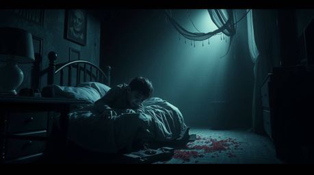 Discover a captivating scene of unsettling friendship: a monster lurking under a bed forms an unexpected bond with a child.  