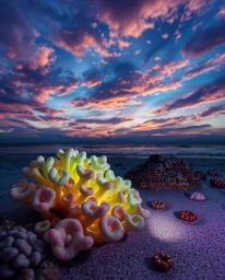 An adorable and charming depiction of a coral reef at low tide beneath a colorful sky. This artwork is distinguished by its c