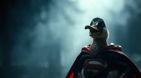 A moody, low contrast, and cinematic image featuring a duck in a zany superhero costume. The soft focus and hazy background c