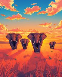 Isekai anime style: Vibrant colors depict elephants energetically traversing a sunset field. Lively, expressive composition, 