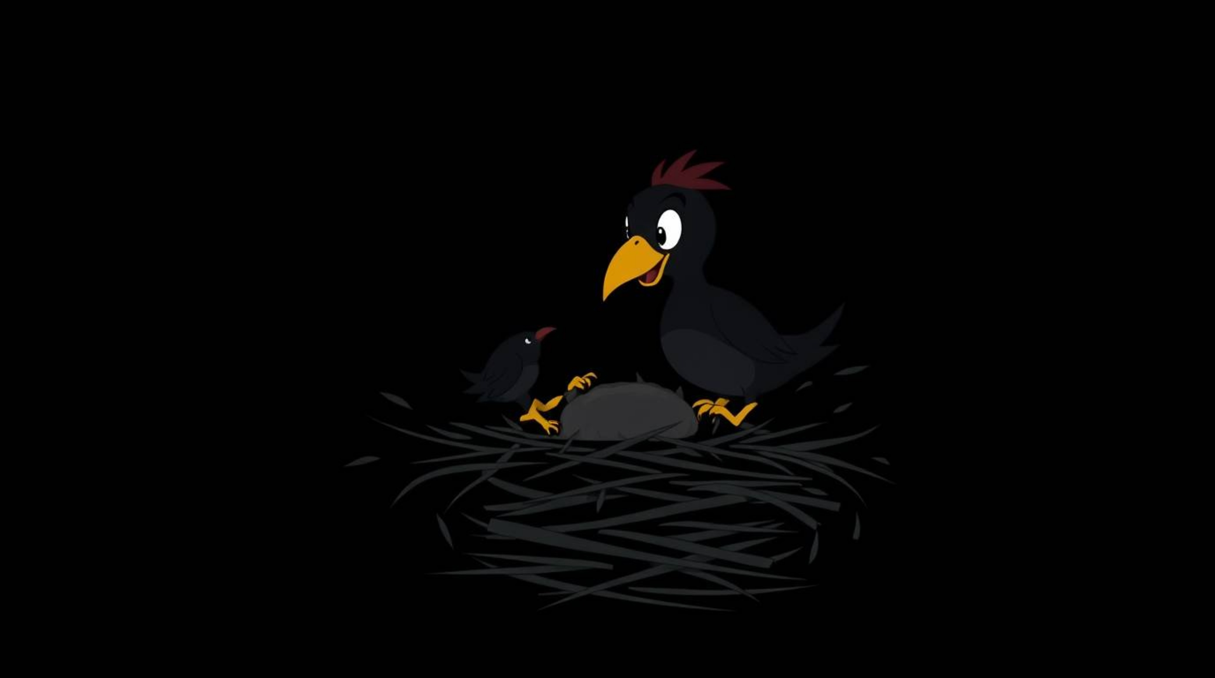 A captivating animation featuring two cartoon birds diligently building a nest. Rendered in intense jet black with deep shad