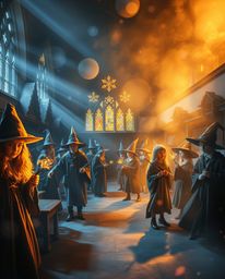 A captivating piece of creative light art depicts a magical school brimming with young wizards. The scene is rendered in a s