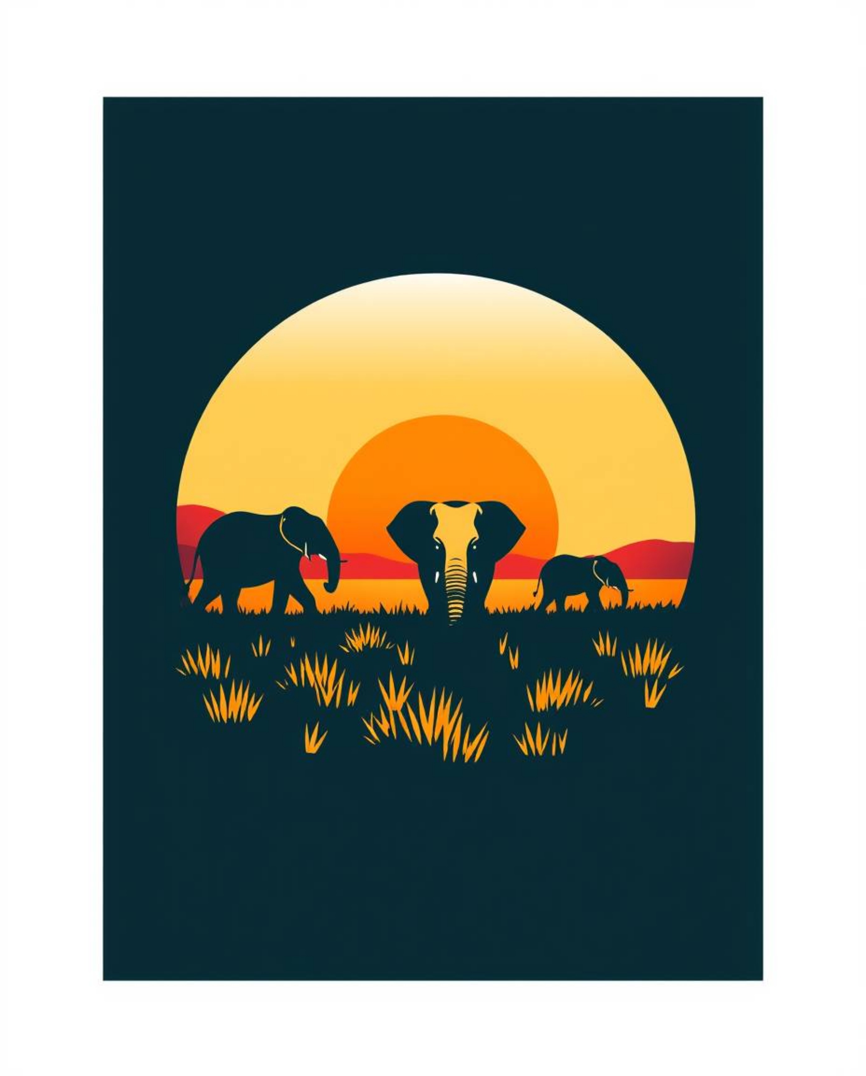 A tightly framed close-up logo inspired by elephants walking across a sunset field, composed of geometric shapes and clean li