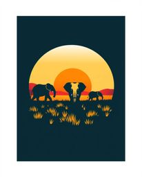 A tightly framed close-up logo inspired by elephants walking across a sunset field, composed of geometric shapes and clean li