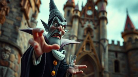 An extreme macro close-up photograph captures a classic Disney villain casting a spell within the aged walls of an old castle