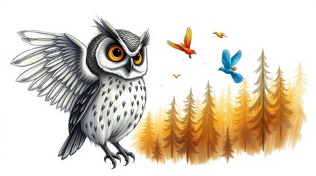 A heartwarming illustration in the style of Pixar depicts a blind owl with exquisitely detailed feathers and gentle eyes, pat