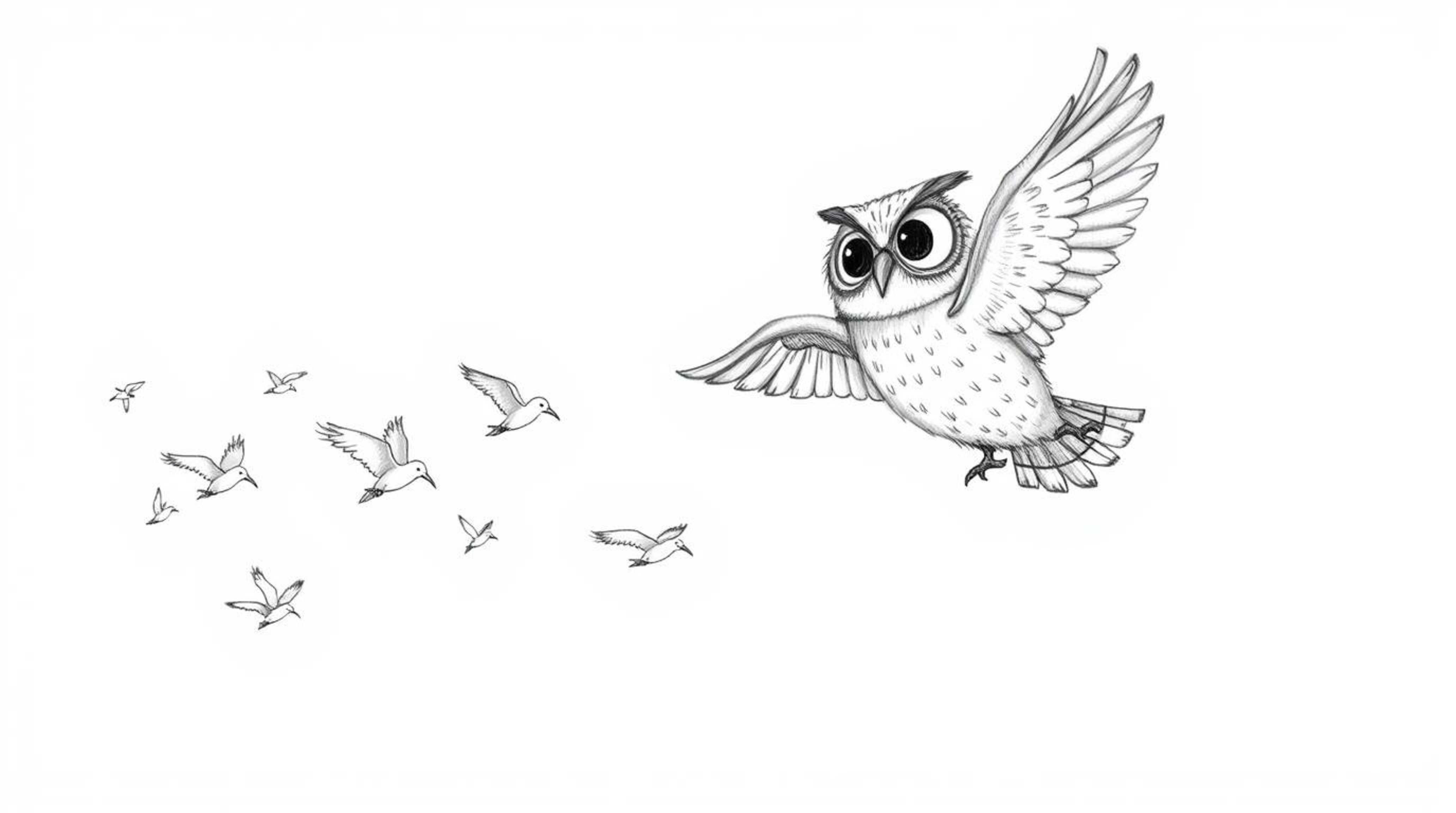 A charming, slightly whimsical hand-drawn sketch in a Pixar style depicts a blind owl, its feathers rendered with textured pe