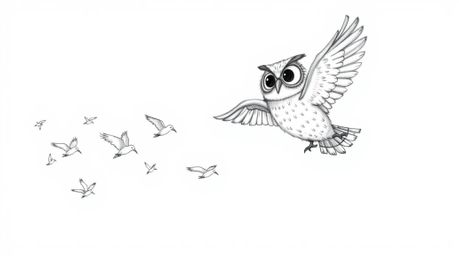 A charming, slightly whimsical hand-drawn sketch in a Pixar style depicts a blind owl, its feathers rendered with textured pe
