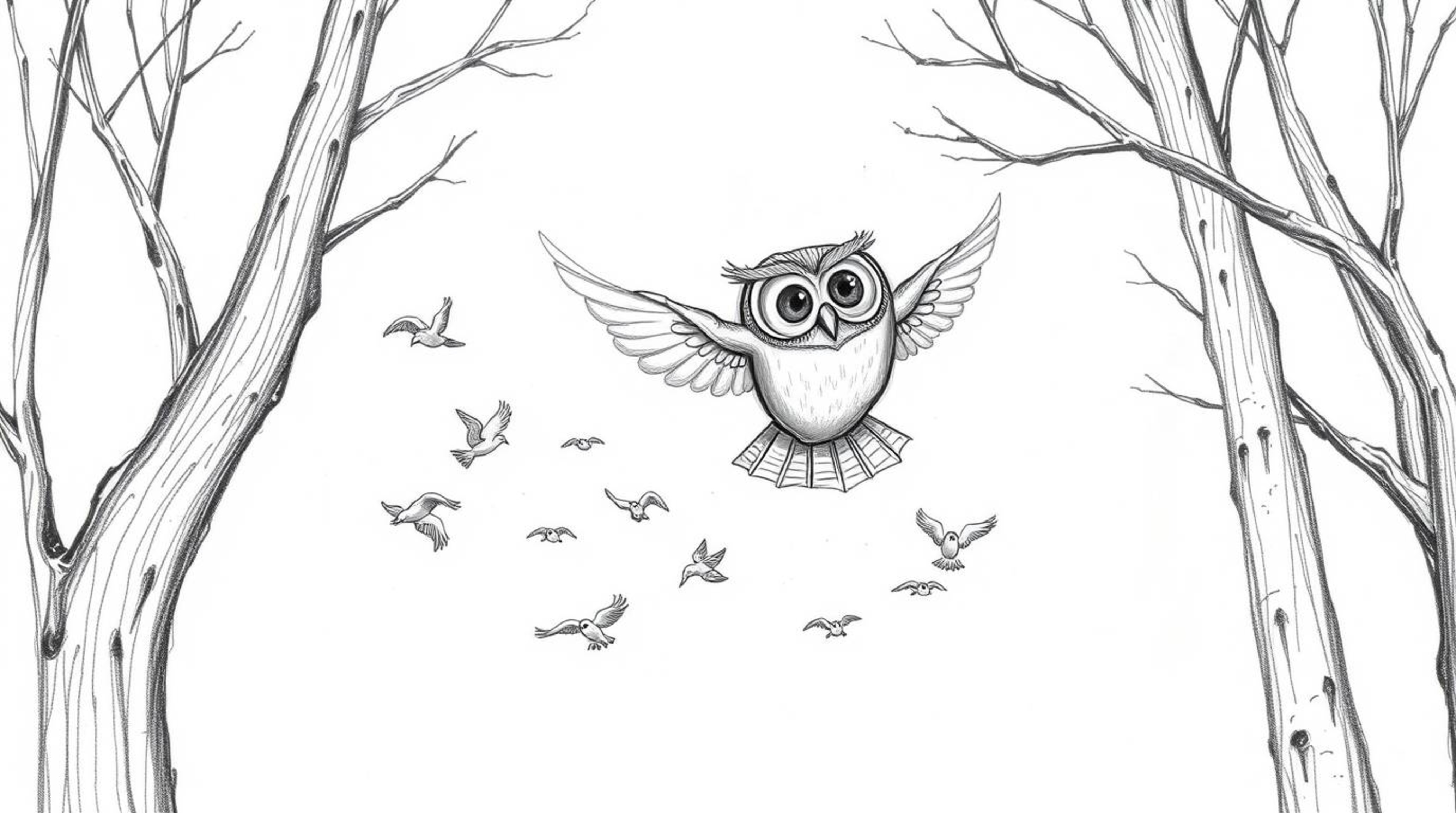 A hand-drawn pencil sketch depicts a blind owl, styled like a Pixar character, gracefully gliding between trees, leading a fl