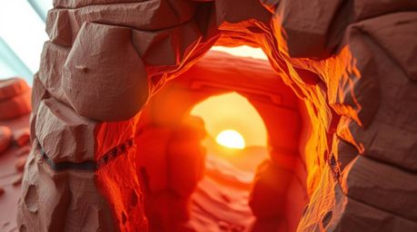 Experience a breathtaking sunset viewed through a meticulously crafted papier-mâché desert rock arch. This vibrant overhead s