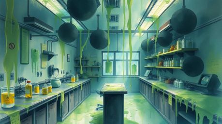 A captivating watercolor painting depicting a slime-covered science lab in a dramatic, cinematic style. The artwork utilizes 