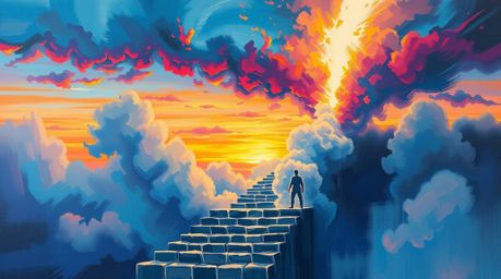 A captivating acrylic painting depicting a lone figure ascending a stone staircase towards a radiant beam of divine light. Th