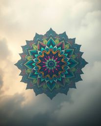 A captivating image showcasing a geometric floral mandala bursting with vibrant colors and a perfectly symmetric design.  Ren