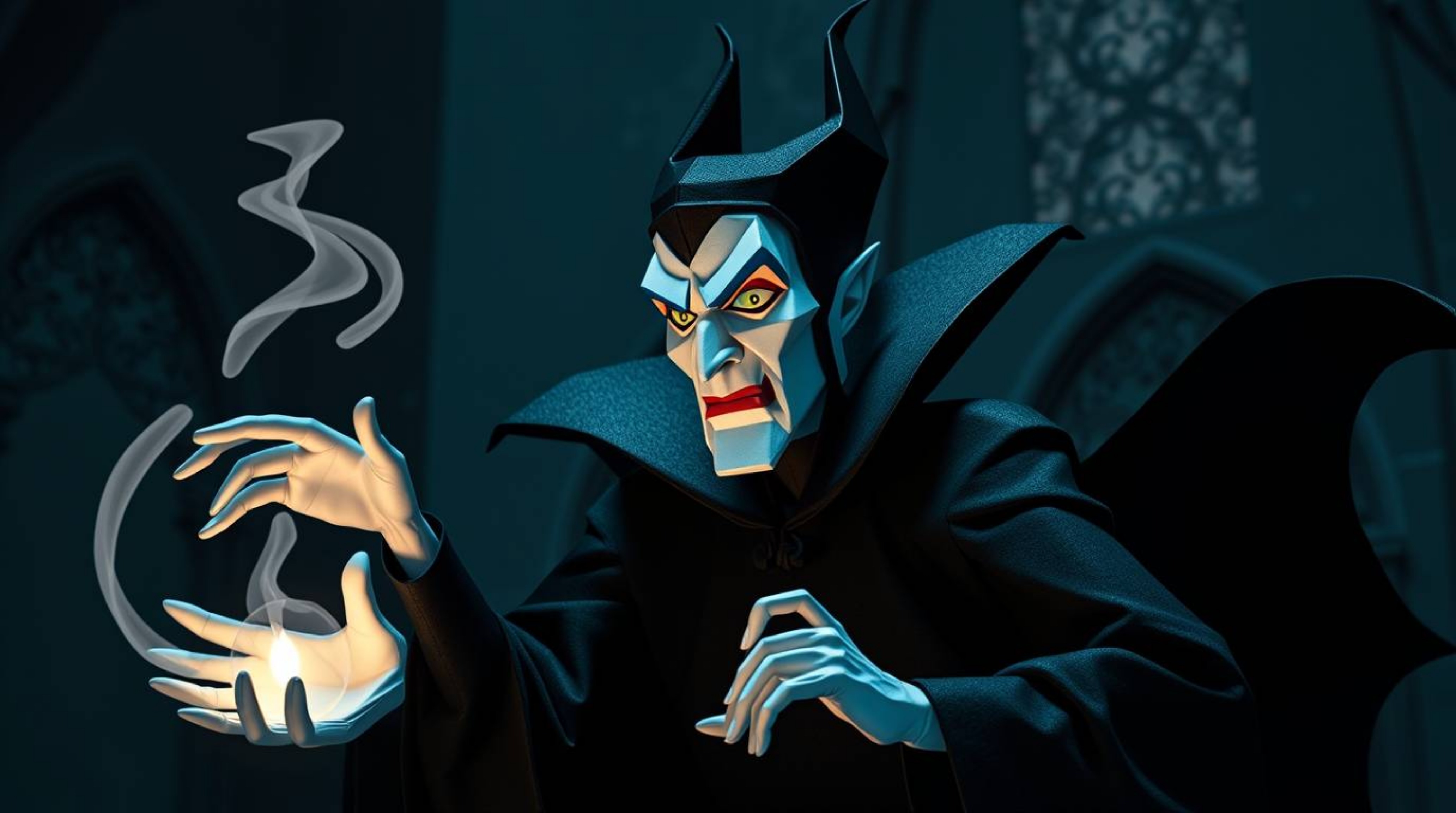 A captivating illustration of a classic Disney villain, rendered in a folded paper origami style.  The artwork features sharp