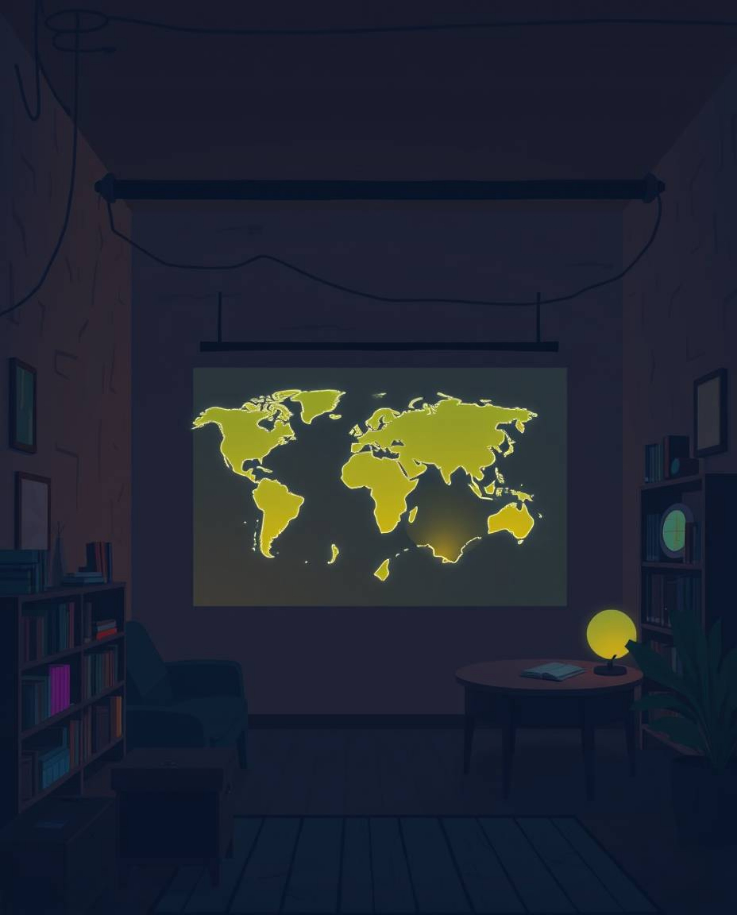 A modern flat design illustration showcasing a glowing map projected in an old study. The scene features vibrant bioluminesce