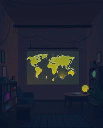 A modern flat design illustration showcasing a glowing map projected in an old study. The scene features vibrant bioluminesce