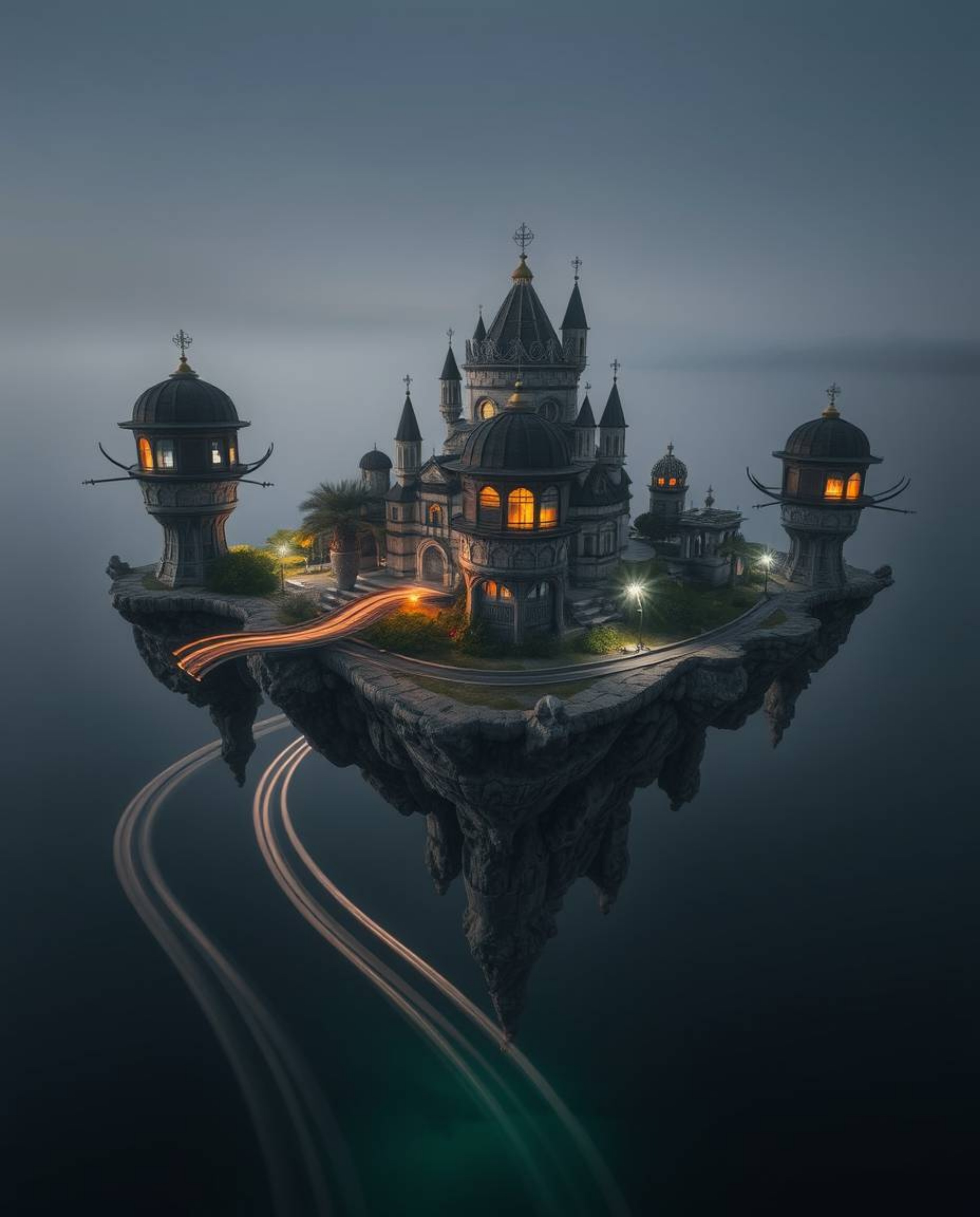 This image depicts a surreal floating island adorned with strange architecture, captured through a long-exposure photograph. 