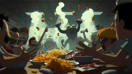 Experience the chaotic energy of a wild food fight erupting in a cartoon cafeteria. This high-contrast, low-key lighting clos