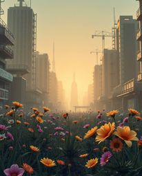 A captivating image showcasing a smooth gradient transition of vibrant flowers blooming amidst the ruins of a post-apocalypti