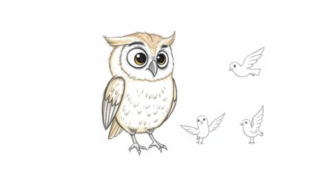 A heartwarming hand-drawn sketch in the style of Pixar depicts a gentle, blind owl with soft, rounded features dedicated to t
