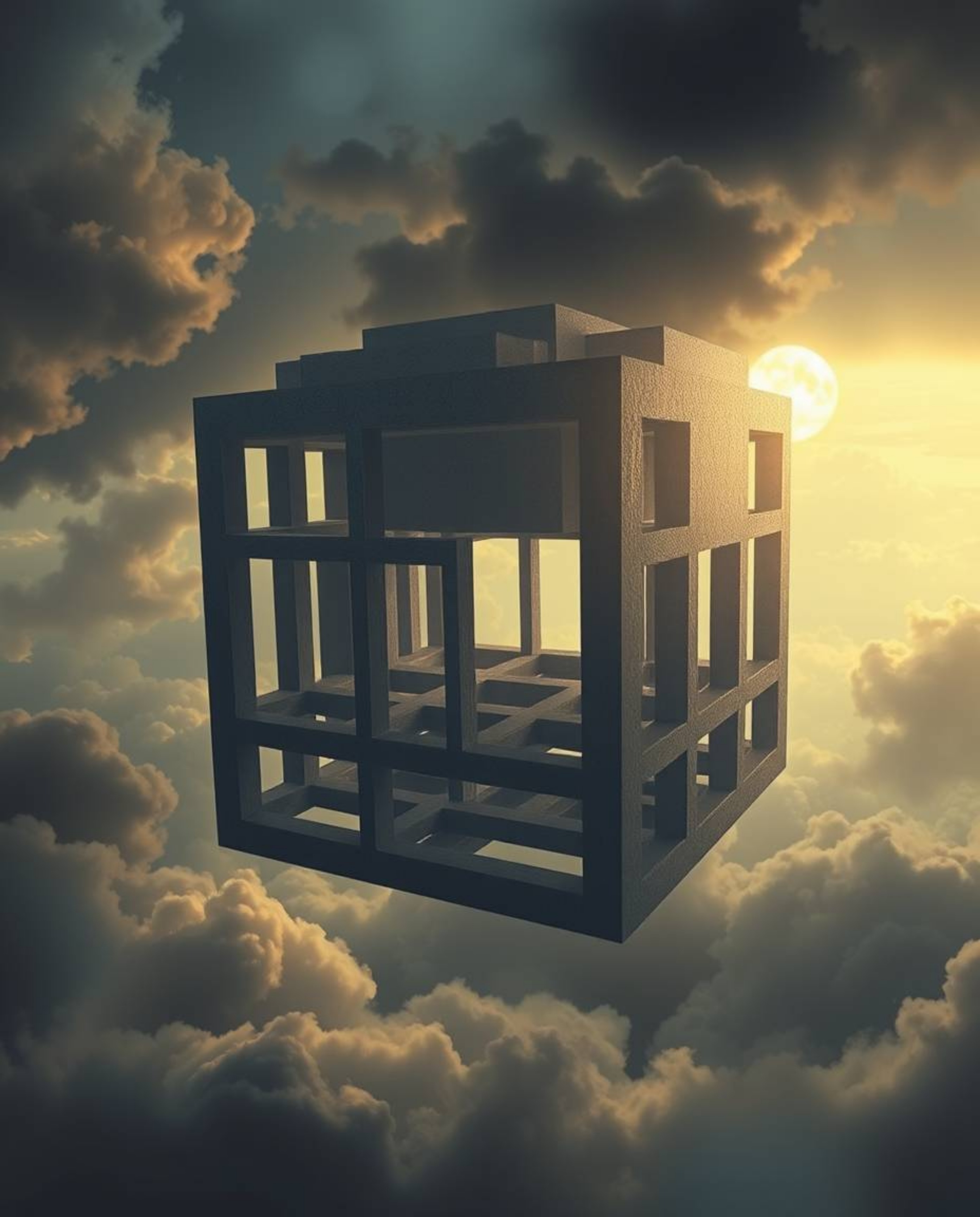 A captivating digital painting showcases a repetitive Escher-style impossible geometry cube pattern.  Rendered in hazy, soft 