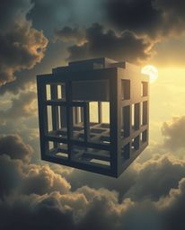 A captivating digital painting showcases a repetitive Escher-style impossible geometry cube pattern.  Rendered in hazy, soft 
