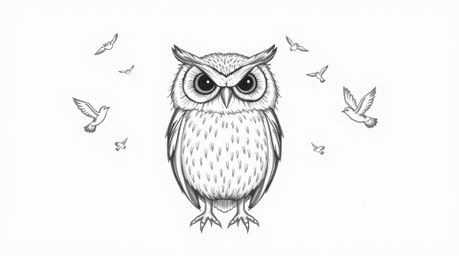 A serene blind owl, rendered in a charming Pixar-like style with loose and expressive hand-drawn pencil strokes, is the focal