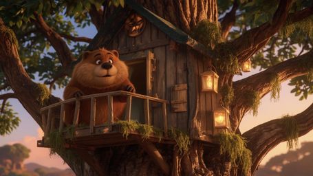 In a high-resolution, professionally shot stock photo, a beaver with warm, honey-brown fur and bright, expressive eyes carefu
