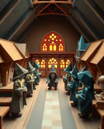 Experience a unique rendition of a magical school filled with young wizards, depicted in an intricate origami style. This ima