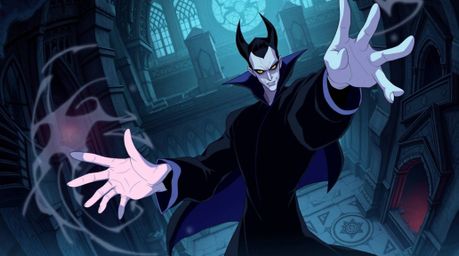 A captivating image depicting a classic Disney-esque villain, rendered in a vibrant isekai anime style.  The high-angle persp