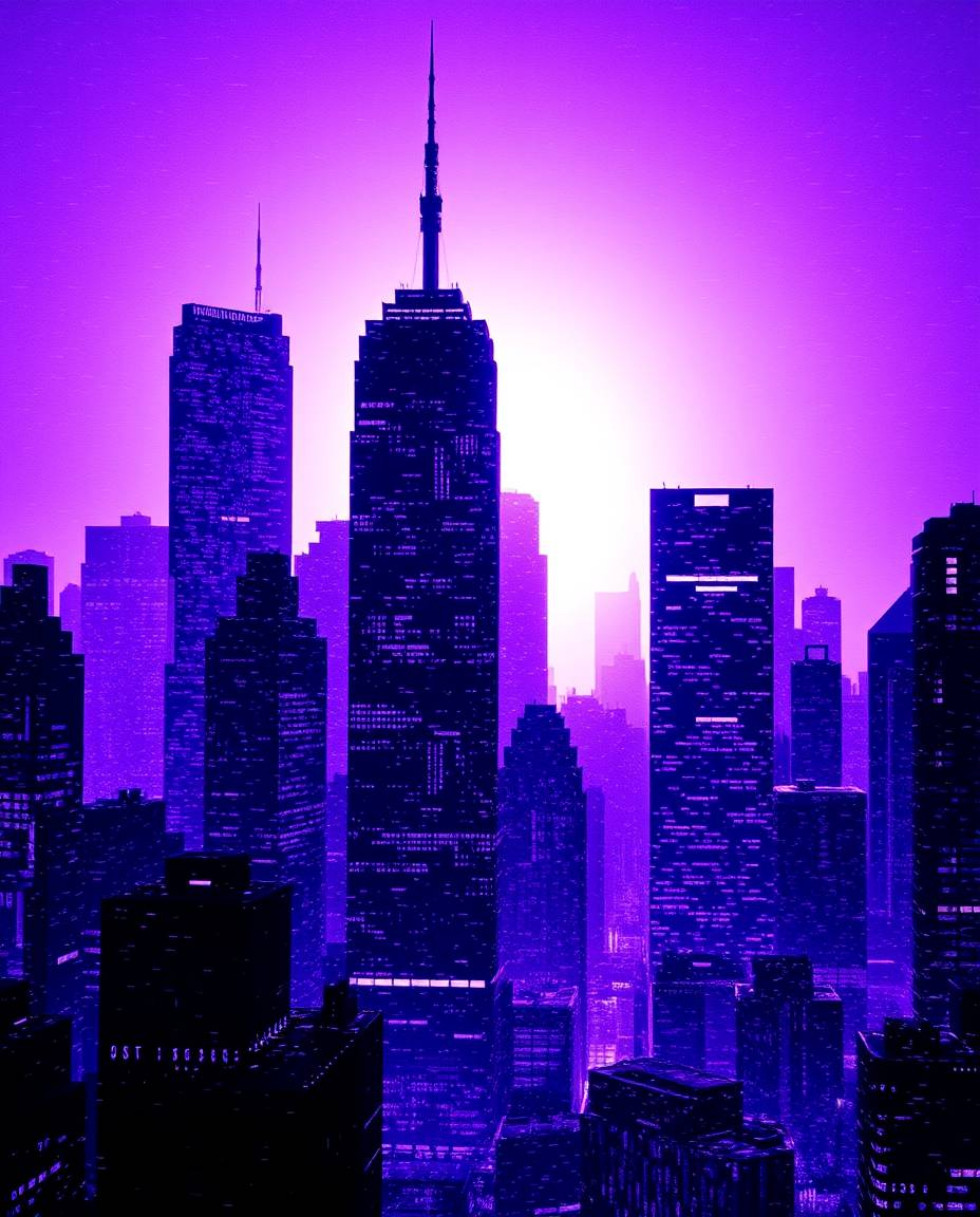 A captivating digital artwork depicting a silhouetted cityscape. Distorted skyscrapers rise amidst a sea of static noise, bat