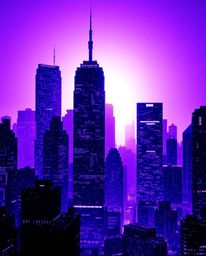 A captivating digital artwork depicting a silhouetted cityscape. Distorted skyscrapers rise amidst a sea of static noise, bat