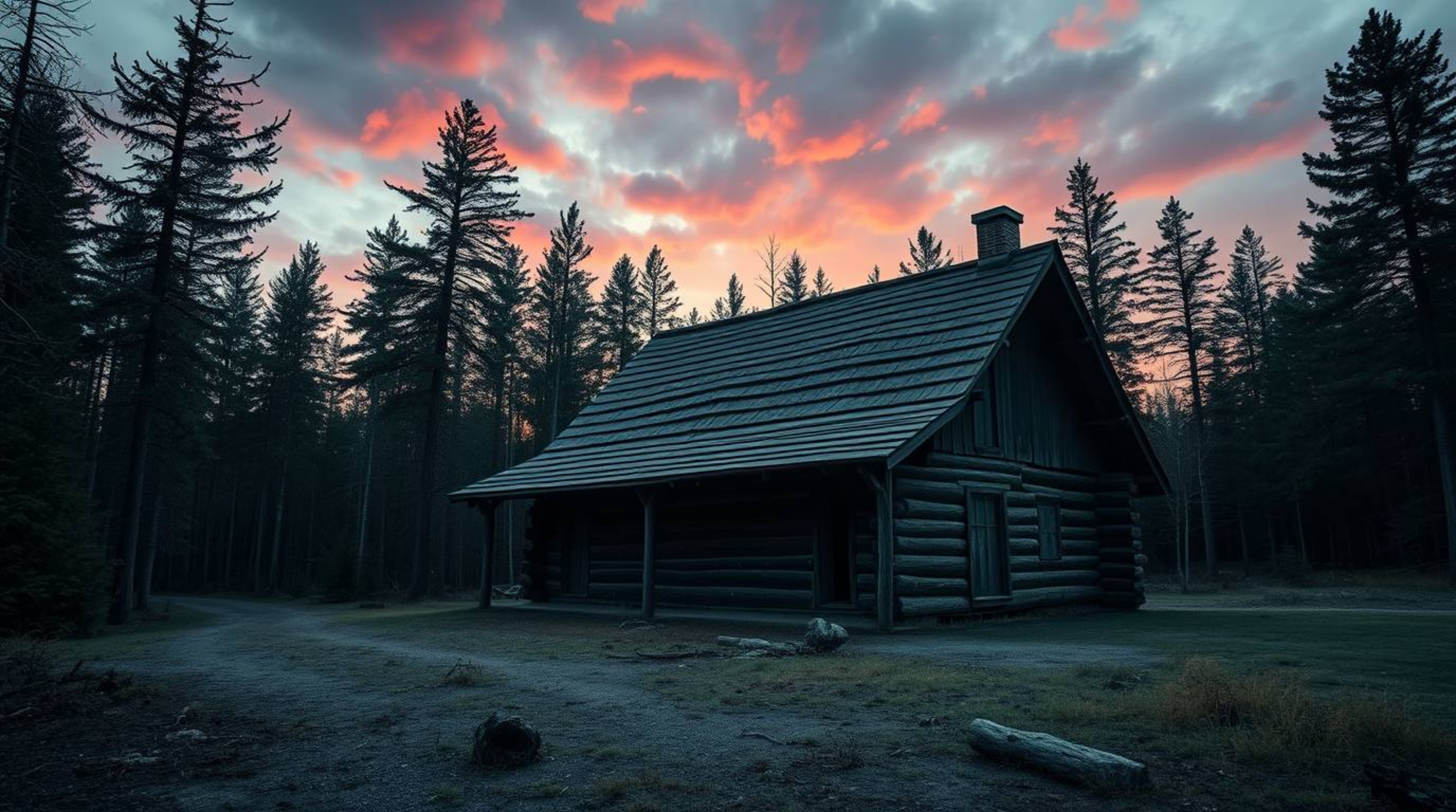 Experience the beauty of an old wooden cabin nestled in the woods at sunset. This epic and amazing image features a strong, m