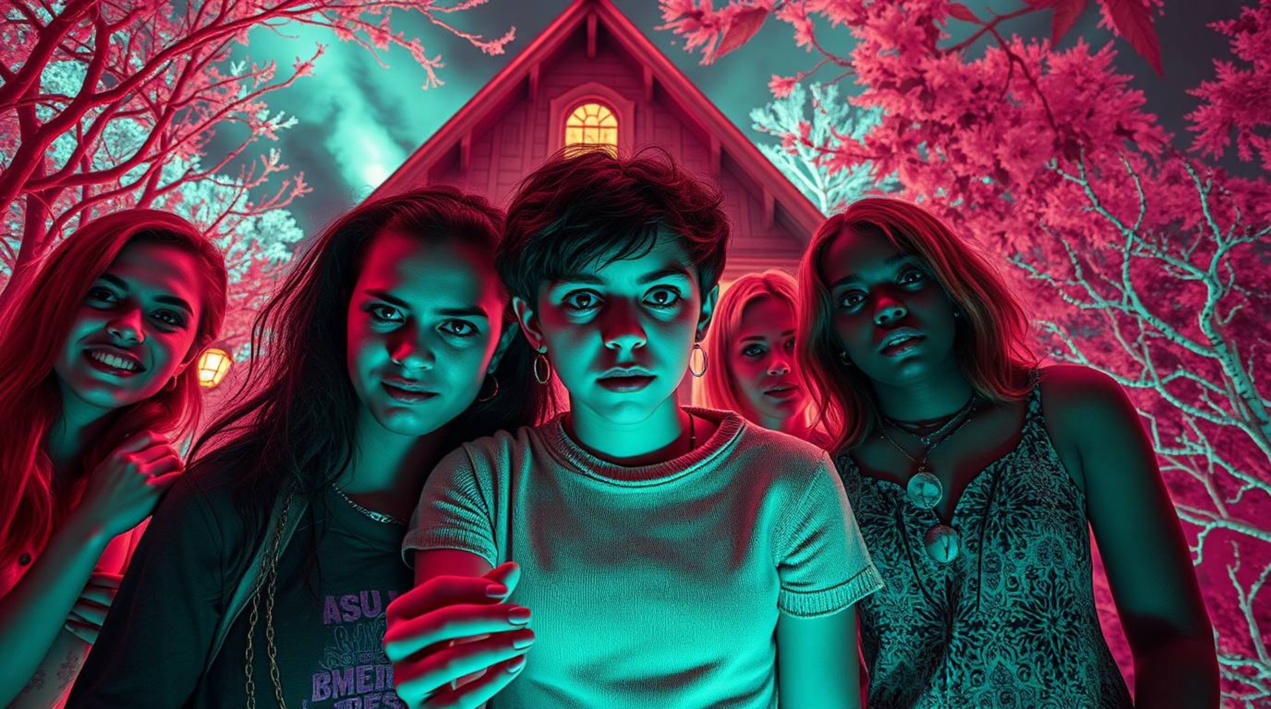Dive into a dreamlike, surreal world captured in infrared photography.  A diverse group of teens explores a haunted mansion b