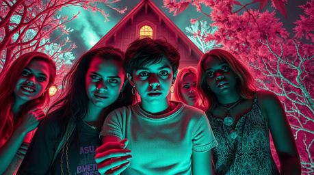 Dive into a dreamlike, surreal world captured in infrared photography.  A diverse group of teens explores a haunted mansion b