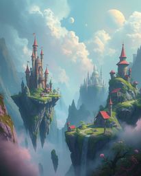 Explore a vibrant, dreamlike kingdom filled with floating islands, majestic castles, and surreal imagery. This digital painti