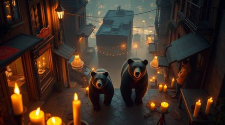 A captivating scene unfolds featuring a bear family venturing into an urban environment, bathed in the inviting warmth of can