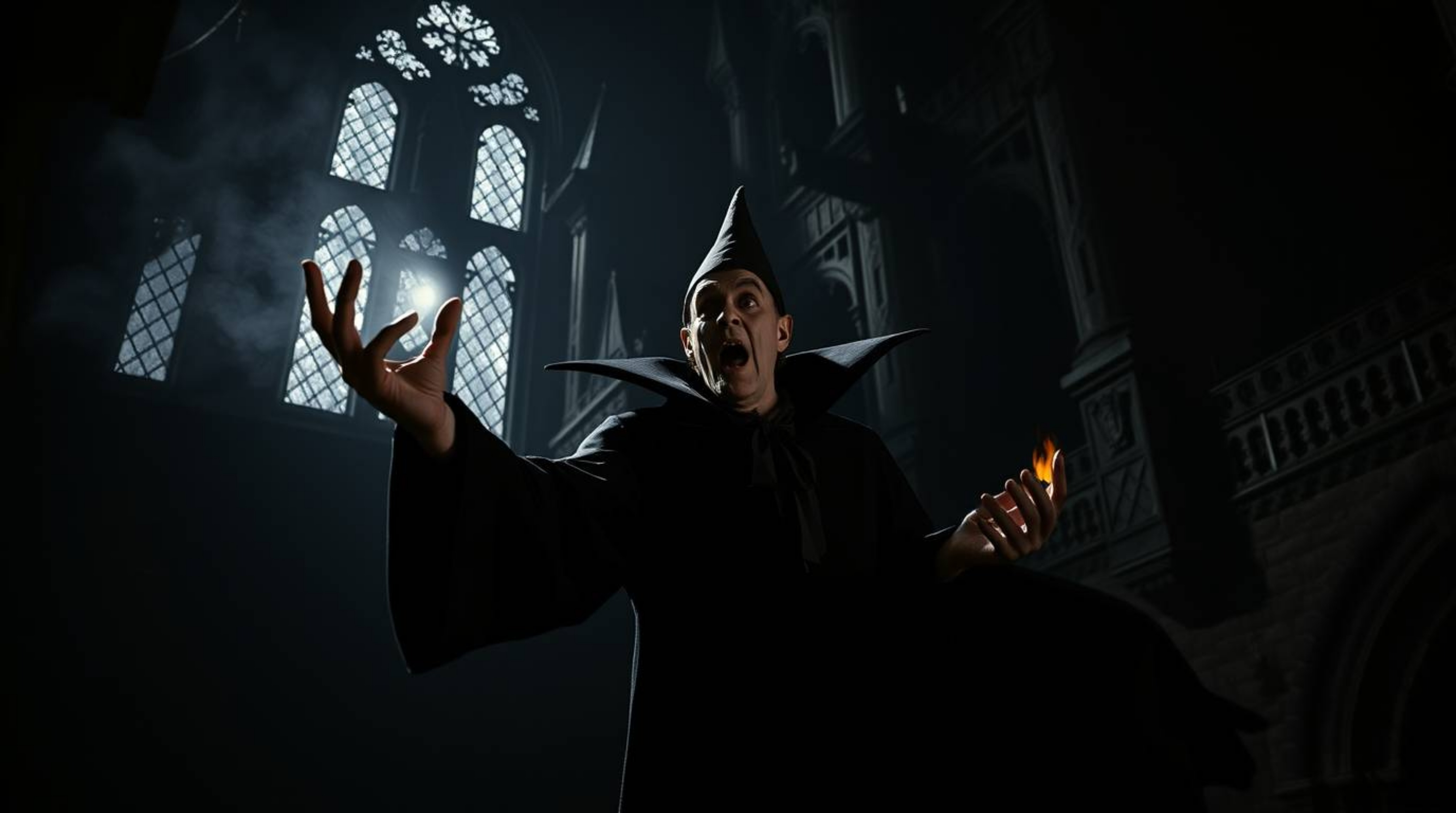High-resolution stock photo depicting a classic Disney villain casting a spell within a majestic old castle. The image featur