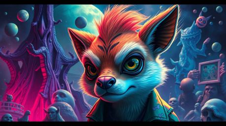 Discover a collection of dreamlike, surreal digital paintings featuring a sarcastic animal sidekick with expressive eyes.  Th