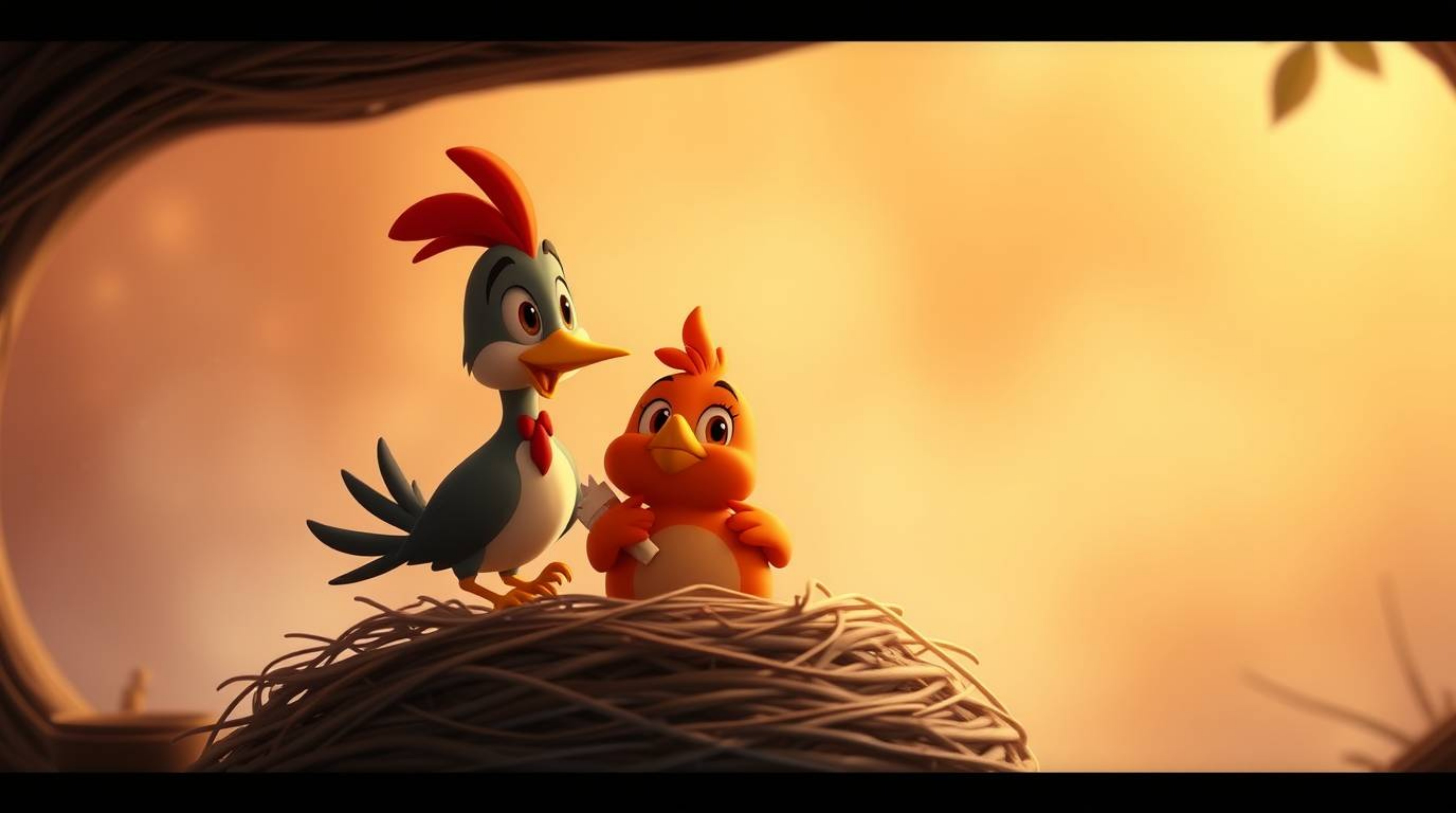 Delightful animation showcasing two cartoon birds constructing a nest.  Rendered in a classic animation style with a cinemati
